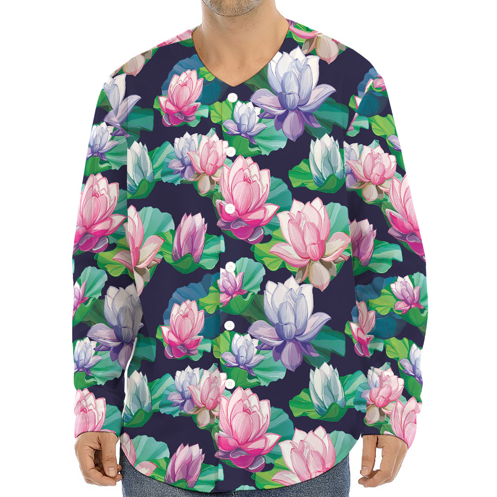 Vintage Lotus Floral Print Long Sleeve Baseball Jersey