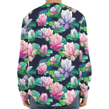 Vintage Lotus Floral Print Long Sleeve Baseball Jersey