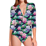 Vintage Lotus Floral Print Long Sleeve Swimsuit