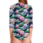 Vintage Lotus Floral Print Long Sleeve Swimsuit