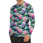 Vintage Lotus Floral Print Men's Long Sleeve Rash Guard