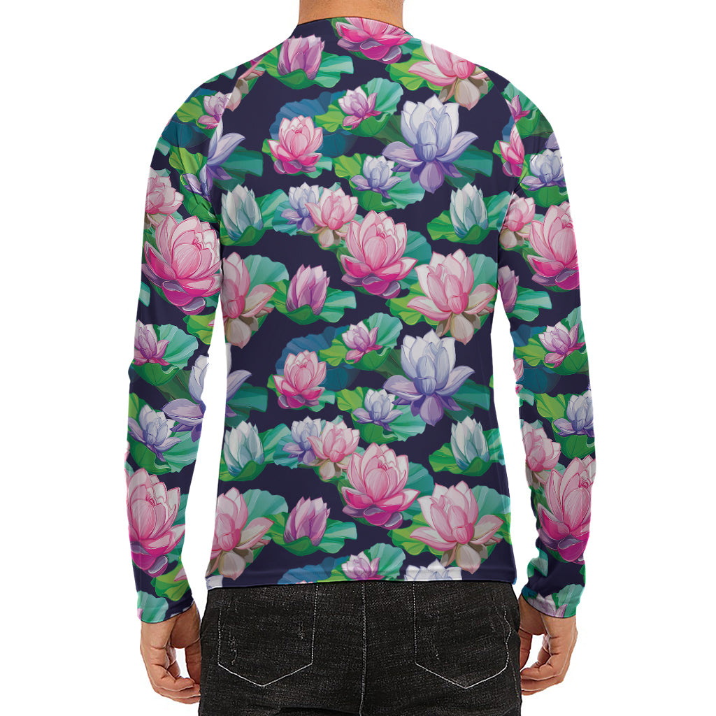 Vintage Lotus Floral Print Men's Long Sleeve Rash Guard