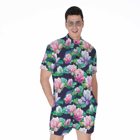 Vintage Lotus Floral Print Men's Rompers