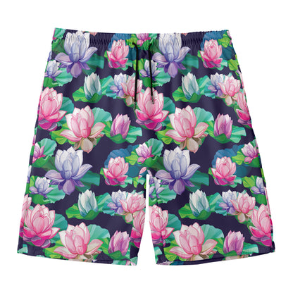 Vintage Lotus Floral Print Men's Swim Trunks