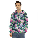 Vintage Lotus Floral Print Men's Velvet Pullover Hoodie