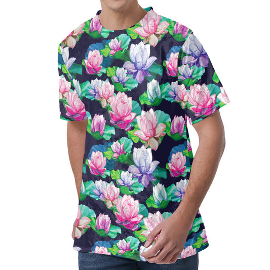 Vintage Lotus Floral Print Men's Velvet T-Shirt