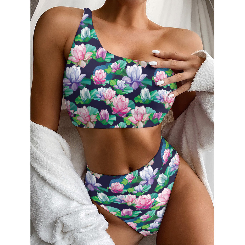 Vintage Lotus Floral Print One Shoulder Bikini Top