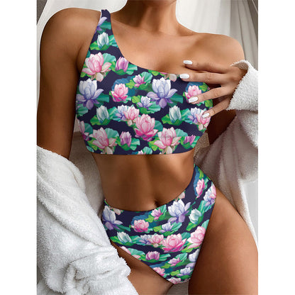 Vintage Lotus Floral Print One Shoulder Bikini Top