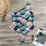 Vintage Lotus Floral Print One Shoulder Bodysuit