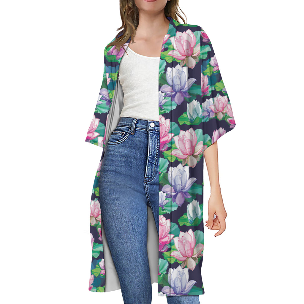 Vintage Lotus Floral Print Open Front Beach Cover Up
