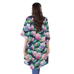 Vintage Lotus Floral Print Open Front Beach Cover Up