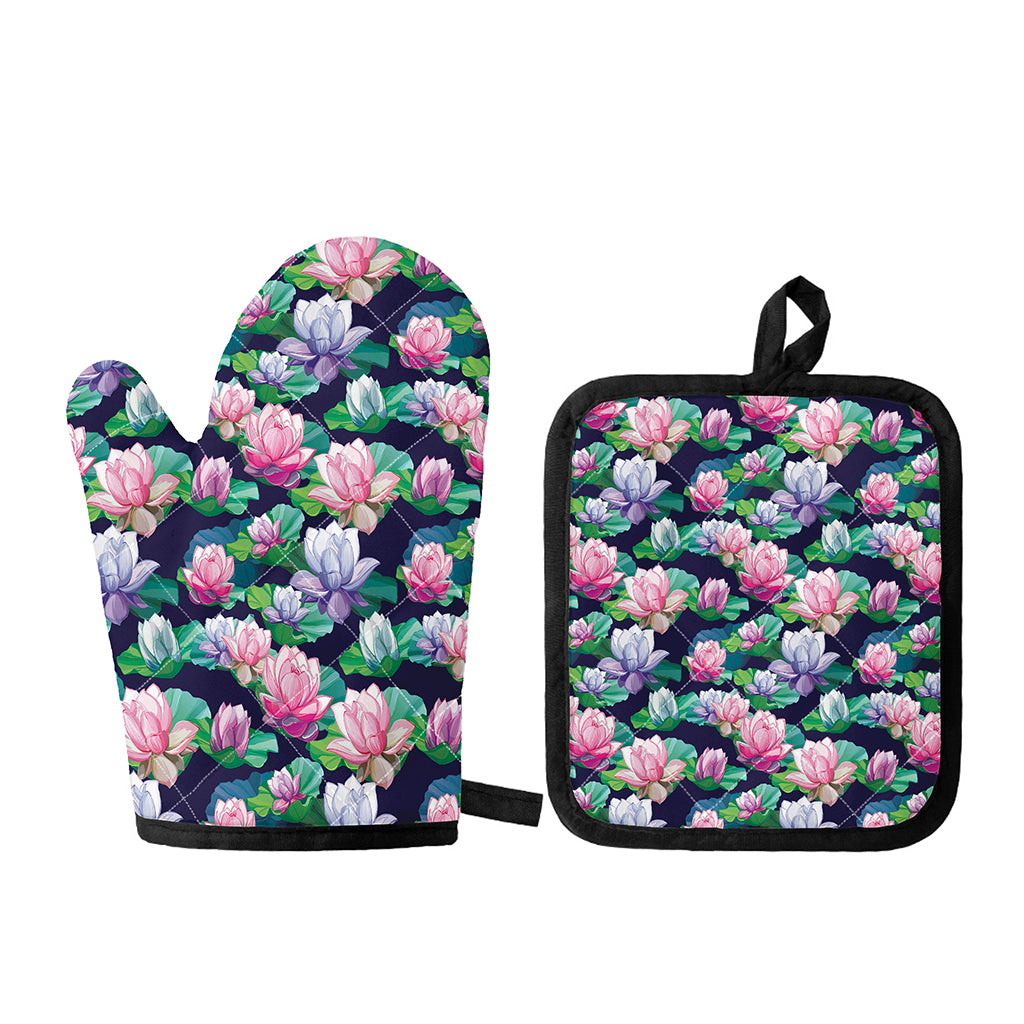 Vintage Lotus Floral Print Oven Mitt And Pot Holder Set