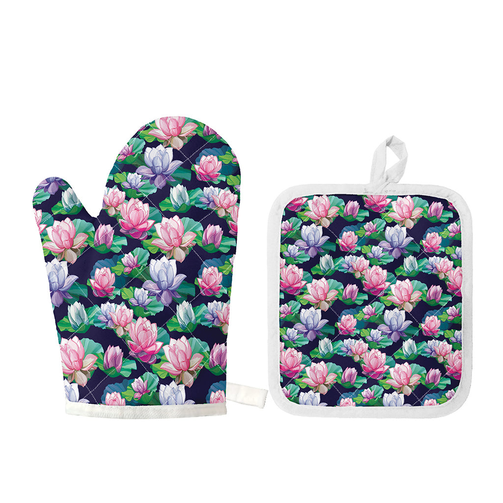 Vintage Lotus Floral Print Oven Mitt And Pot Holder Set