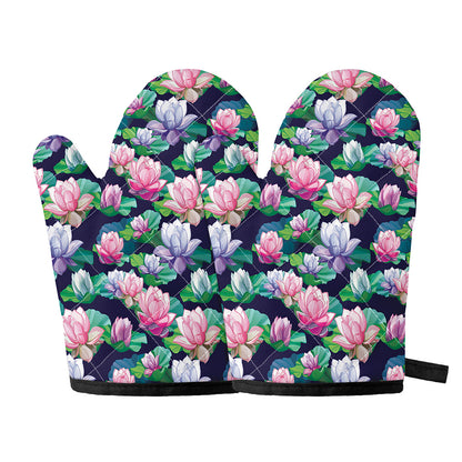 Vintage Lotus Floral Print Oven Mitts
