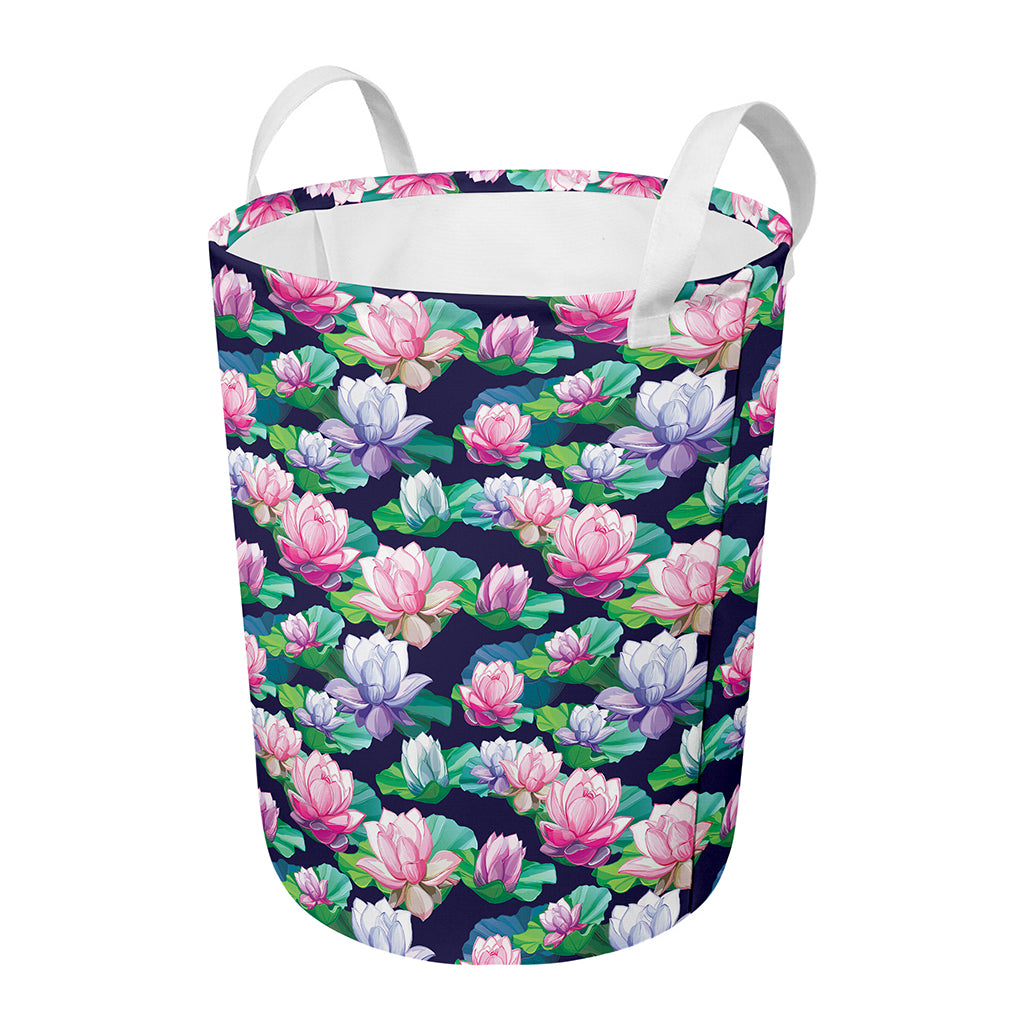 Vintage Lotus Floral Print Round Laundry Basket