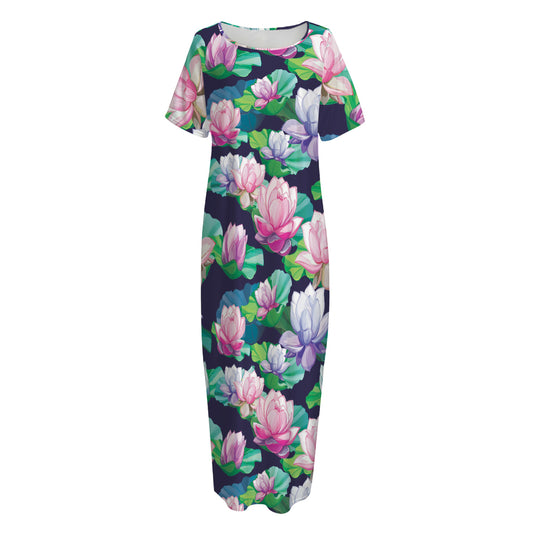 Vintage Lotus Floral Print Short Sleeve Long Nightdress
