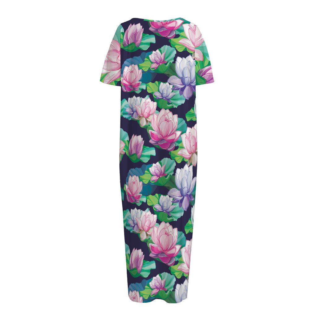 Vintage Lotus Floral Print Short Sleeve Long Nightdress