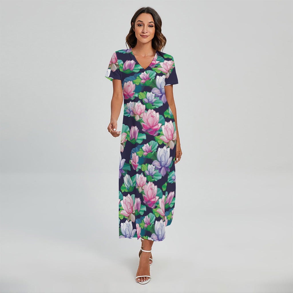 Vintage Lotus Floral Print Short Sleeve Maxi Dress