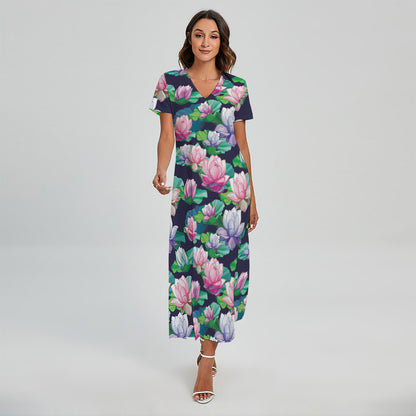 Vintage Lotus Floral Print Short Sleeve Maxi Dress