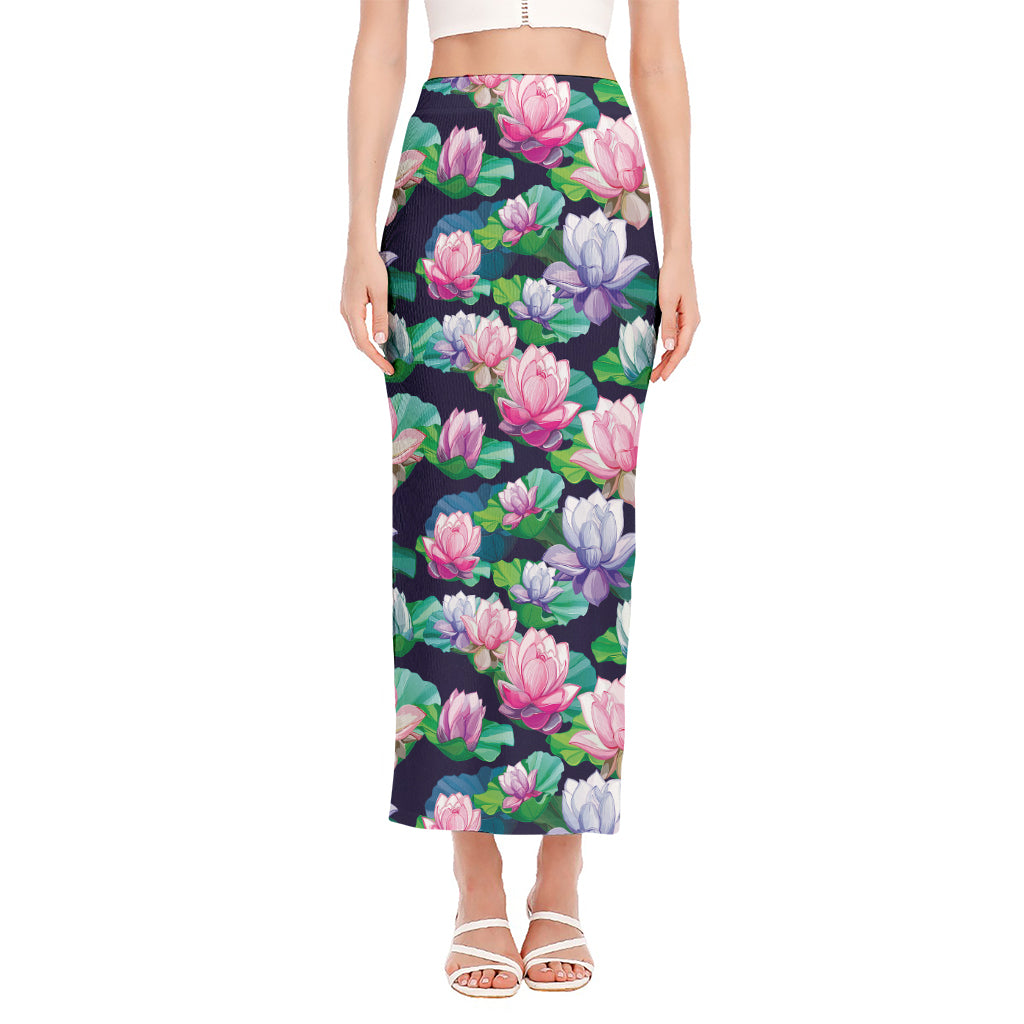 Vintage Lotus Floral Print Side Slit Maxi Skirt