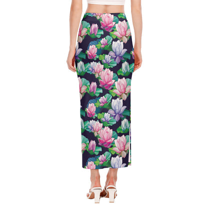 Vintage Lotus Floral Print Side Slit Maxi Skirt