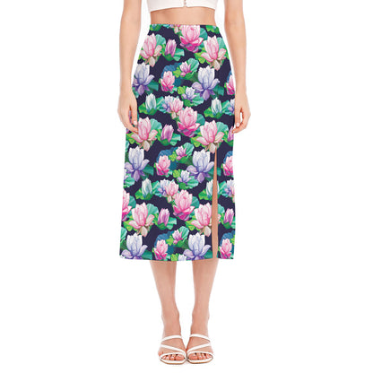 Vintage Lotus Floral Print Side Slit Midi Skirt