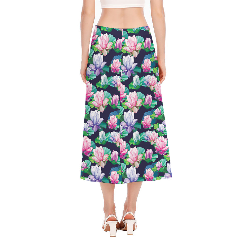 Vintage Lotus Floral Print Side Slit Midi Skirt