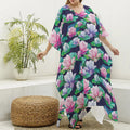 Vintage Lotus Floral Print Silk V-Neck Kaftan Dress