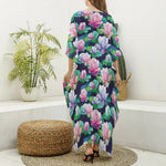 Vintage Lotus Floral Print Silk V-Neck Kaftan Dress
