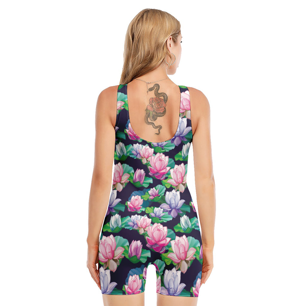 Vintage Lotus Floral Print Sleeveless One Piece Swimsuit