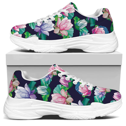 Vintage Lotus Floral Print White Chunky Shoes