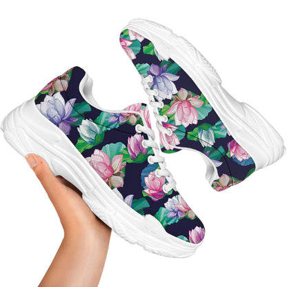 Vintage Lotus Floral Print White Chunky Shoes