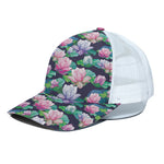 Vintage Lotus Floral Print White Mesh Trucker Cap