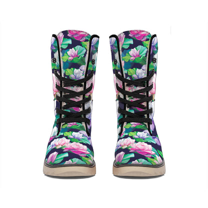 Vintage Lotus Floral Print Winter Boots