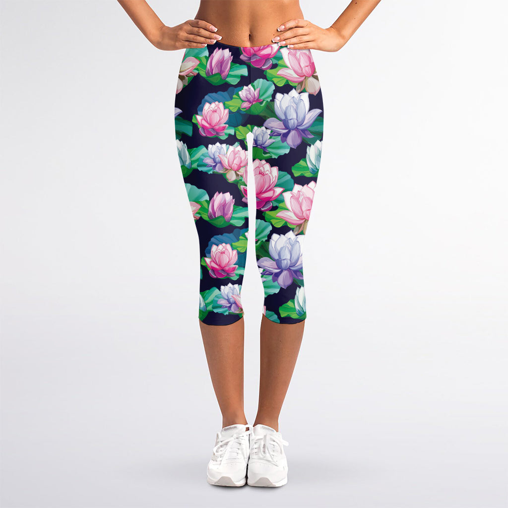 Vintage Lotus Floral Print Women's Capri Leggings