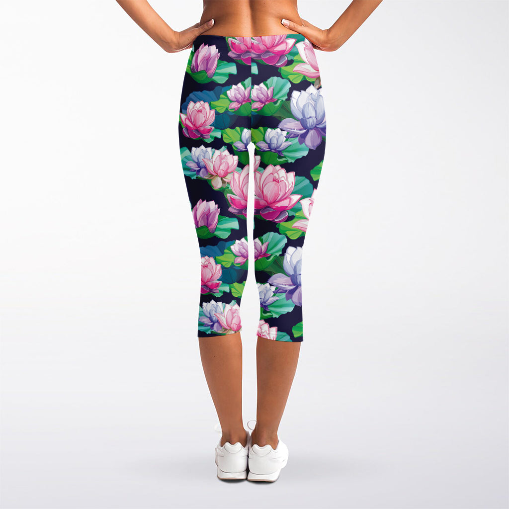 Vintage Lotus Floral Print Women's Capri Leggings