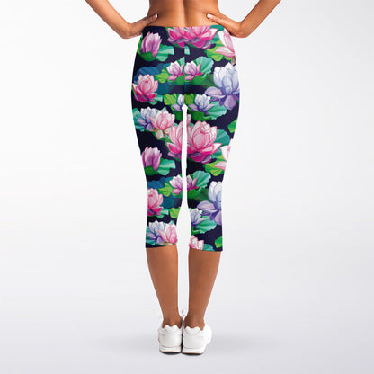 Vintage Lotus Floral Print Women's Capri Leggings