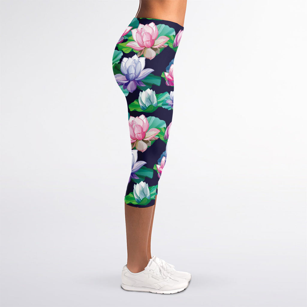 Vintage Lotus Floral Print Women's Capri Leggings