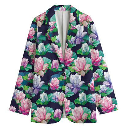 Vintage Lotus Floral Print Women's Cotton Blazer