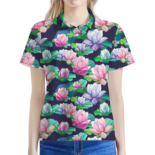 Vintage Lotus Floral Print Women's Polo Shirt