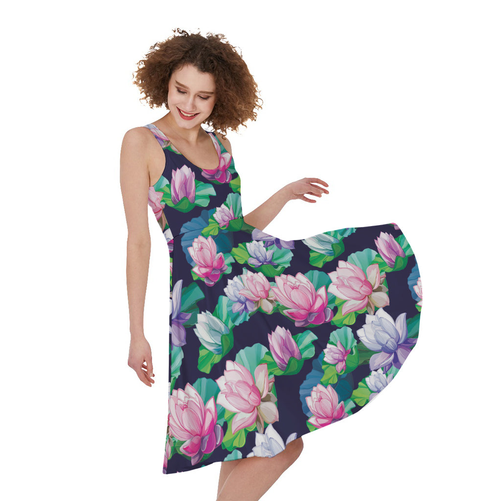 Vintage Lotus Floral Print Women's Sleeveless Dress