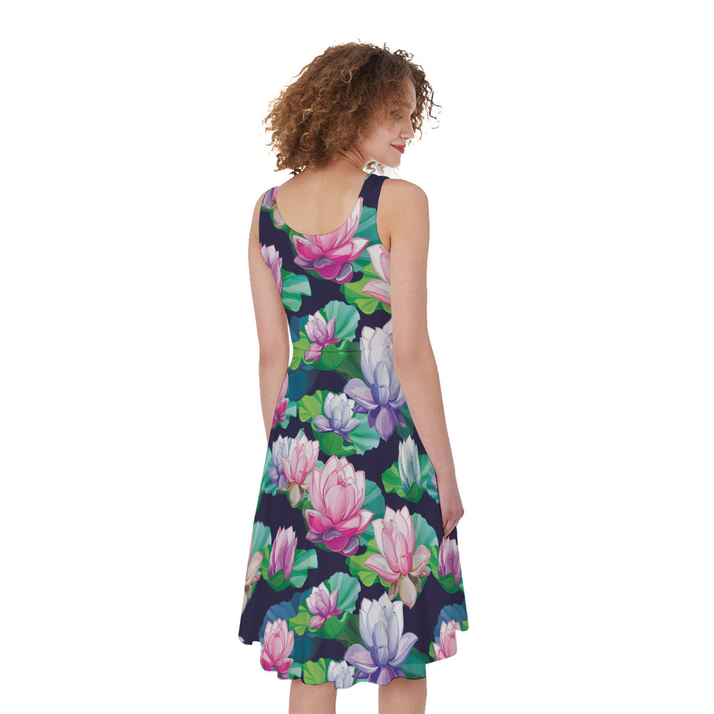 Vintage Lotus Floral Print Women's Sleeveless Dress