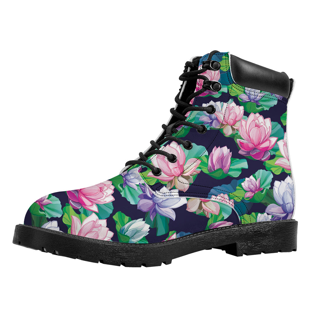Vintage Lotus Floral Print Work Boots