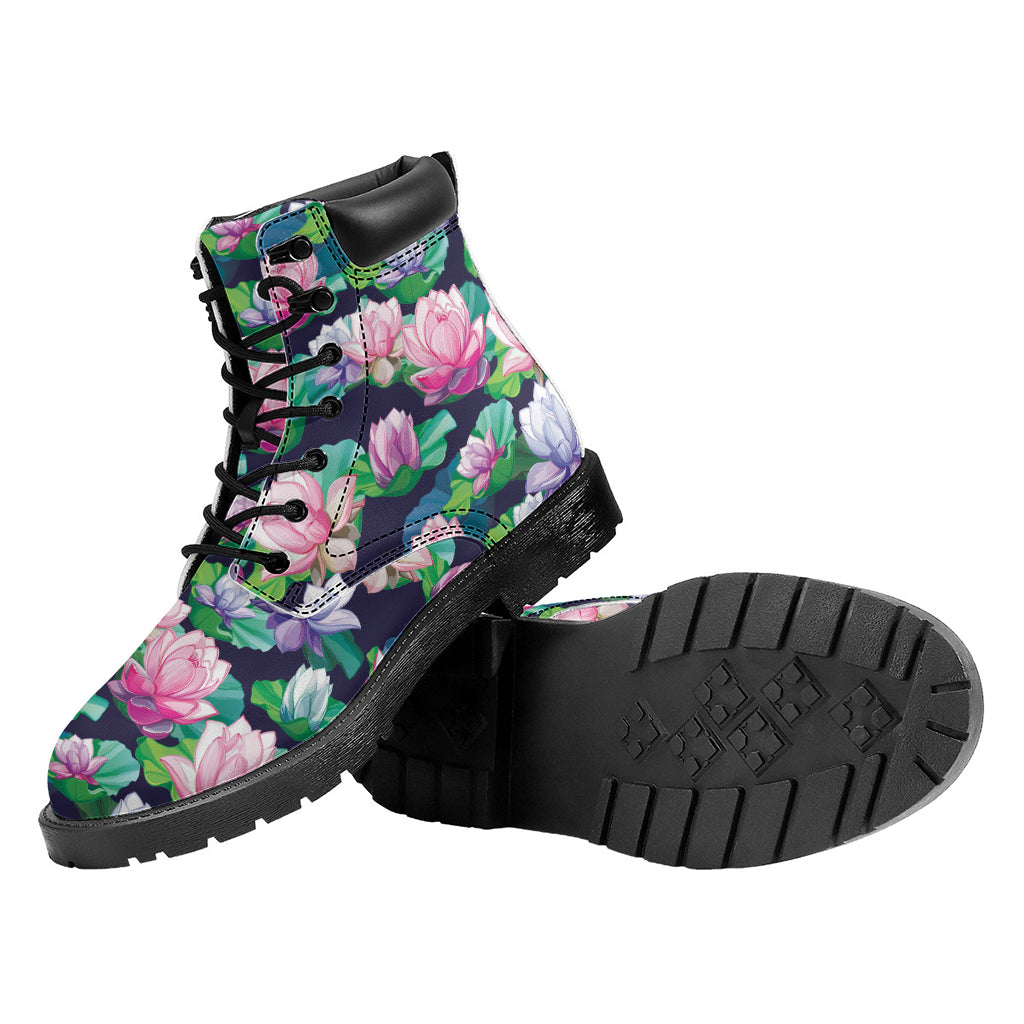 Vintage Lotus Floral Print Work Boots