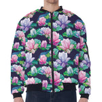 Vintage Lotus Floral Print Zip Sleeve Bomber Jacket
