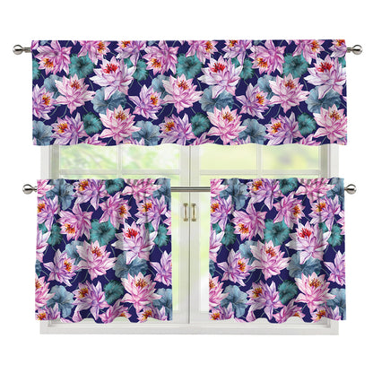 Vintage Lotus Flower Print 3 Piece Kitchen Curtains
