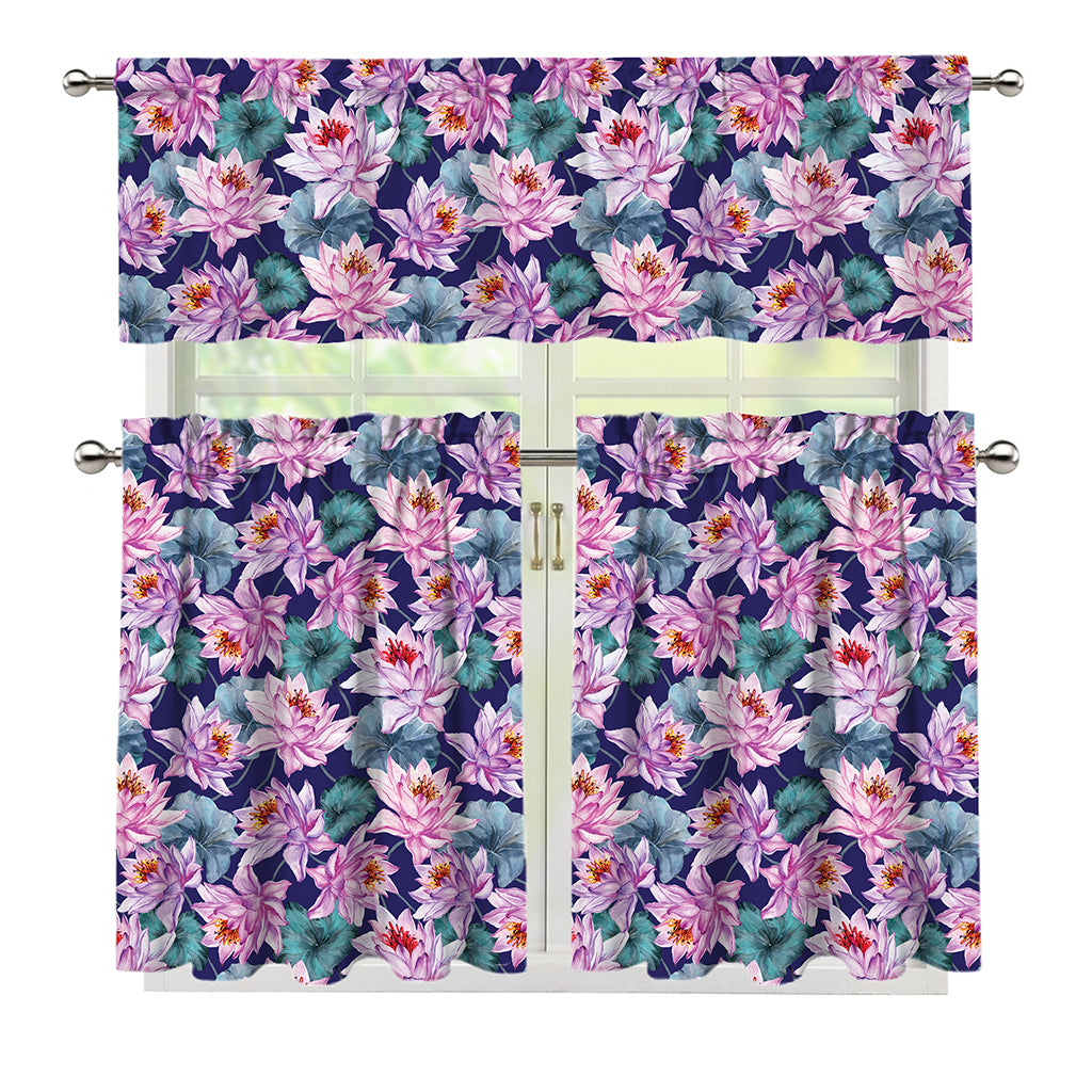 Vintage Lotus Flower Print 3 Piece Kitchen Curtains