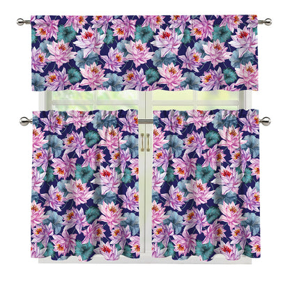 Vintage Lotus Flower Print 3 Piece Kitchen Curtains