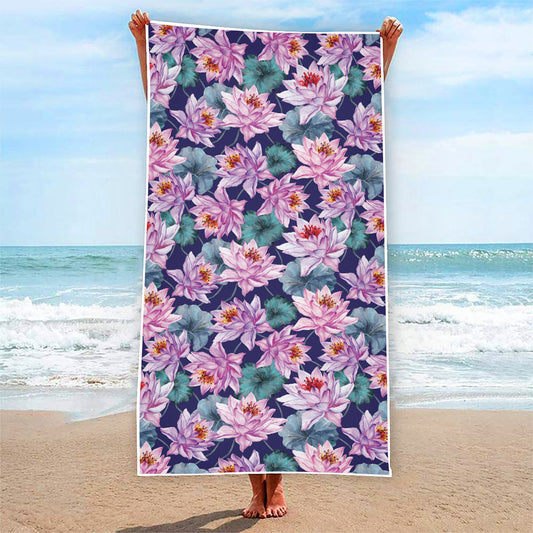 Vintage Lotus Flower Print Beach Towel