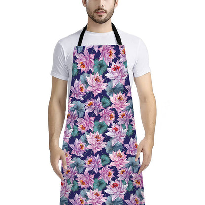 Vintage Lotus Flower Print Bib Apron With Pocket